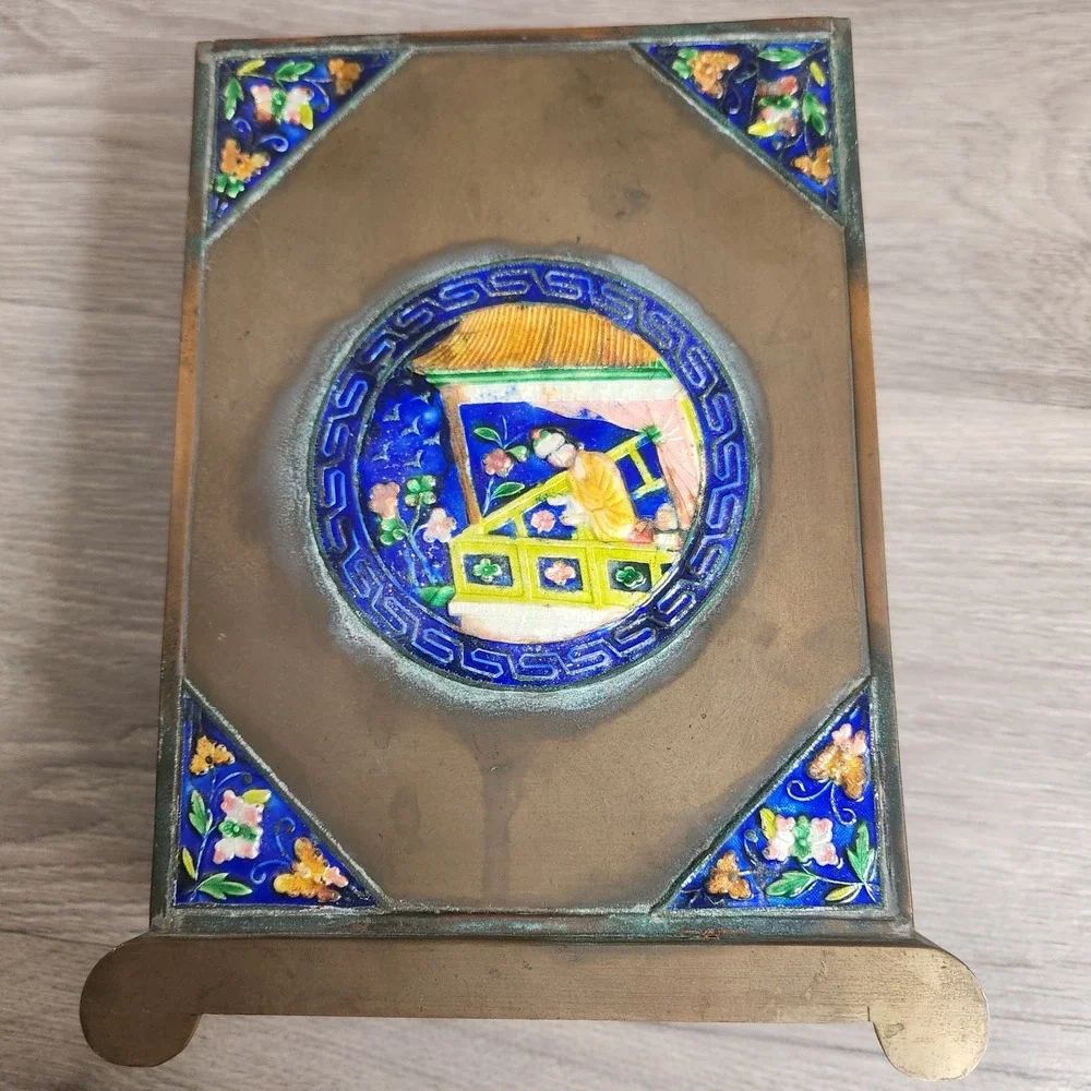 Antique Chinese Cloisonne Enamel Brass Brush Pot‎ Vase Figure Scene Butterfly